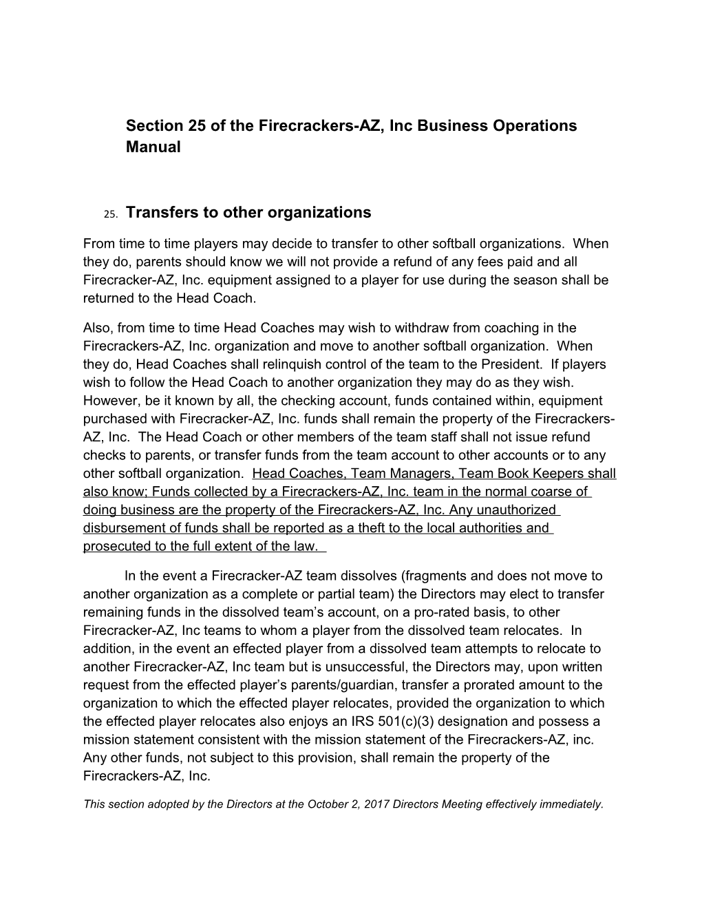 Section 25 of the Firecrackers-AZ, Inc Business Operations Manual