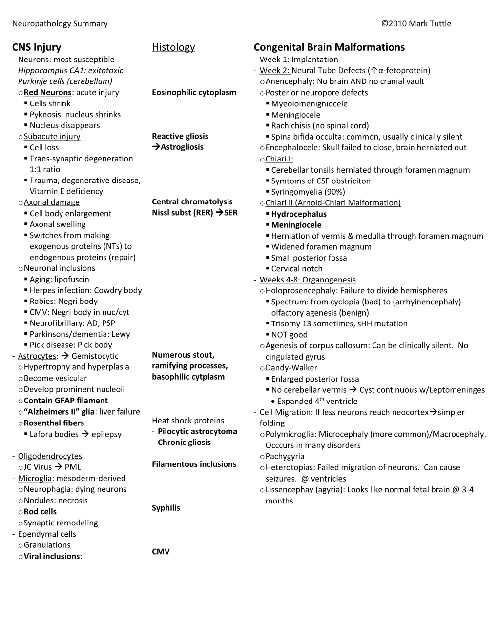 Neuropathology Summary 2010 Mark Tuttle