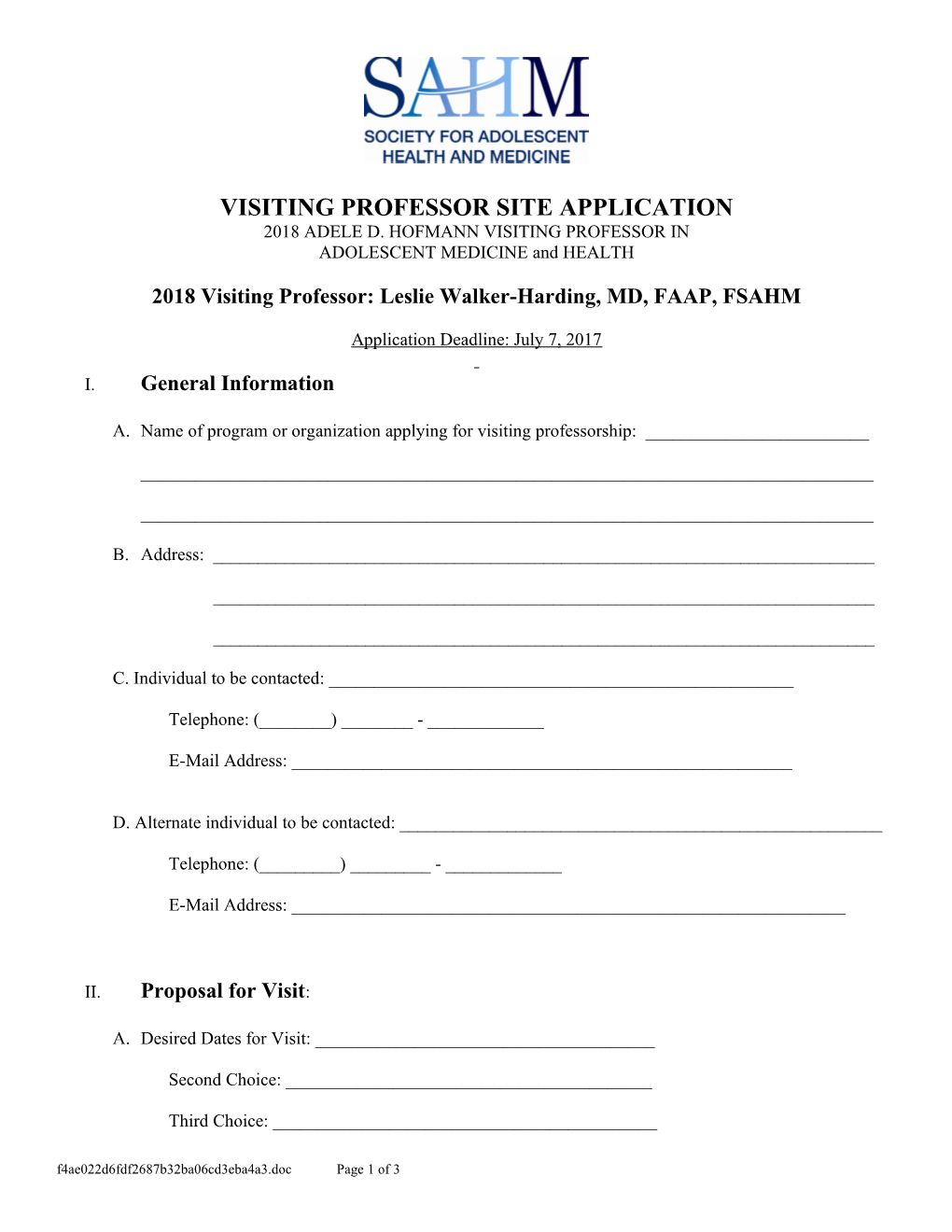 Visiting Professor Site Application