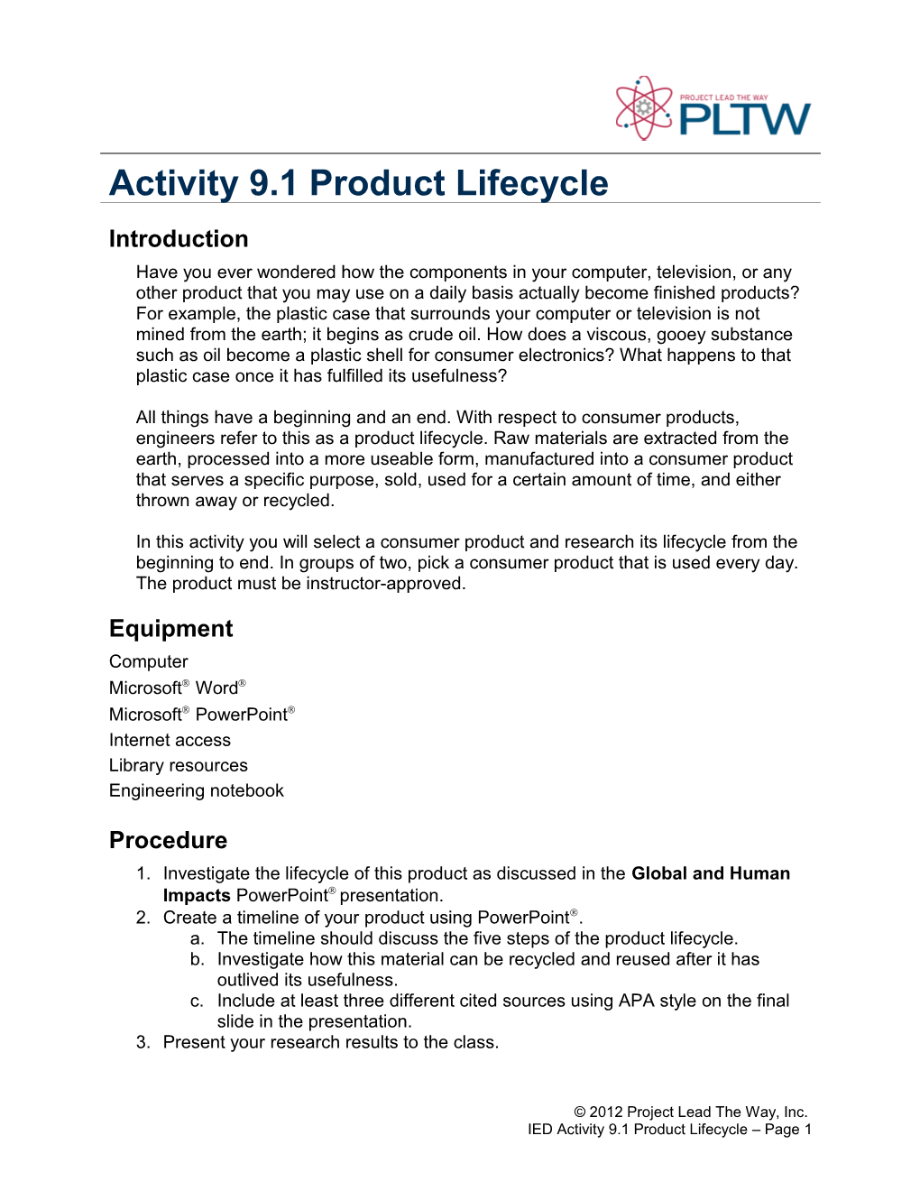 Activity 9.1 Product Lifecycle