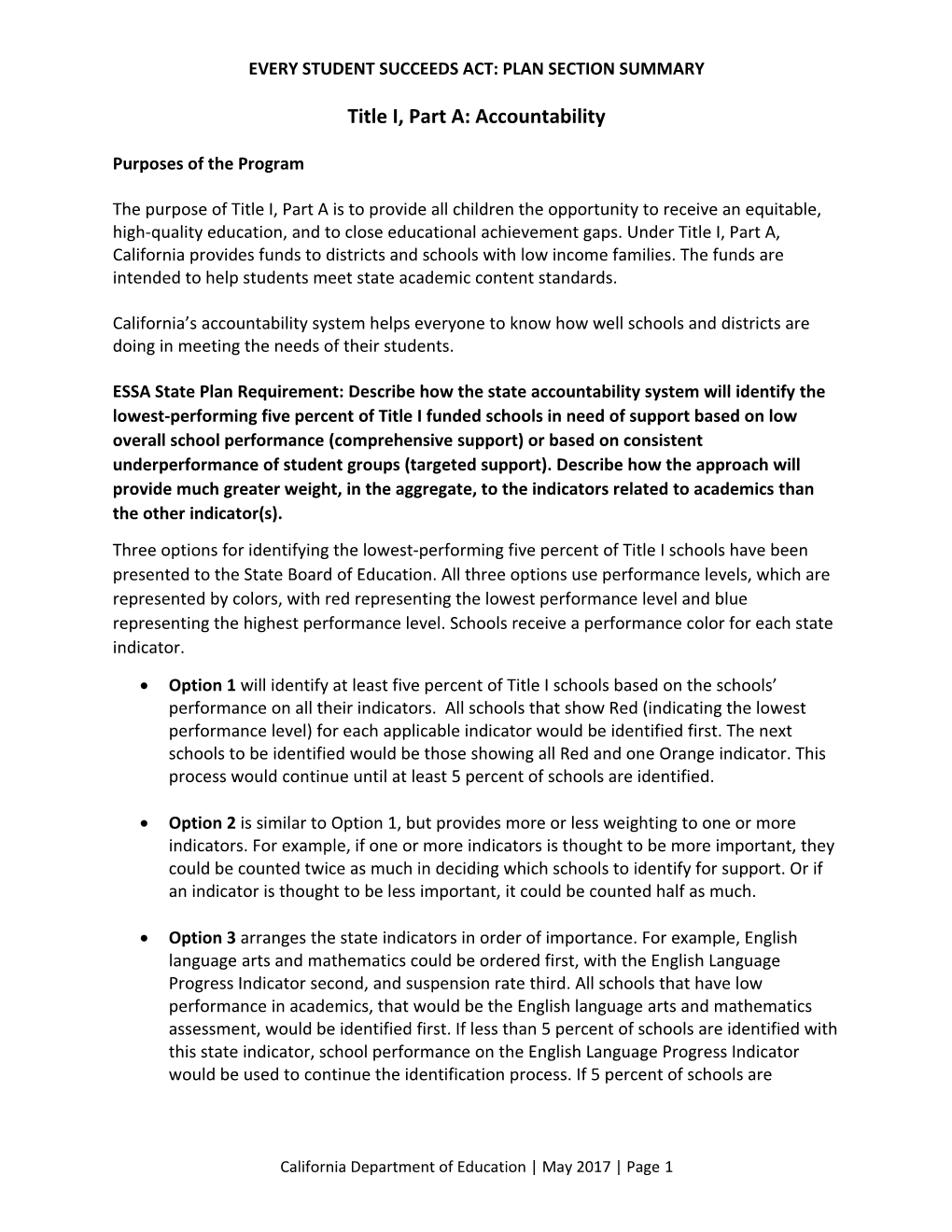 Accountability Draft Section Summary - ESSA (CA Dept of Education)