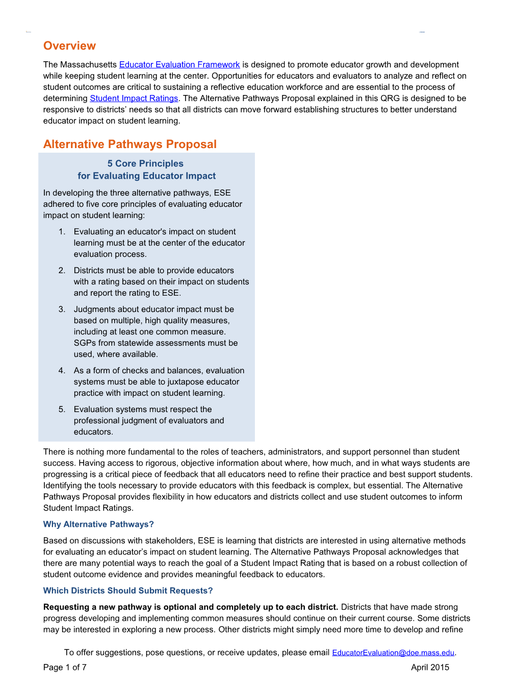 Quick Reference Guide: Alternative Pathways for Evaluating Educator Impact