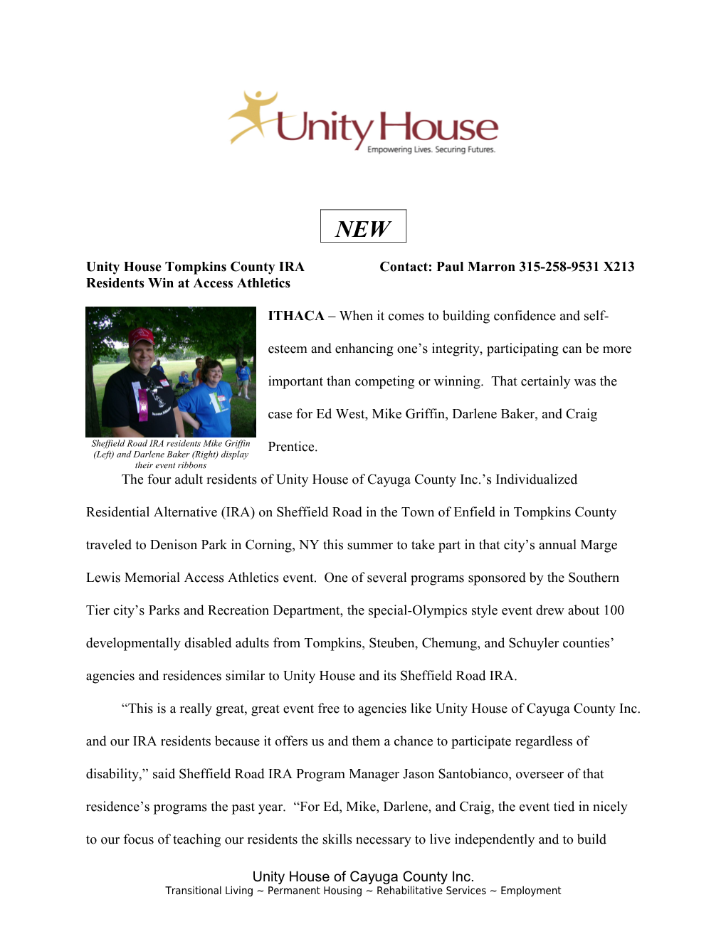 Unity House Tompkins County IRA Contact: Paul Marron 315-258-9531 X213