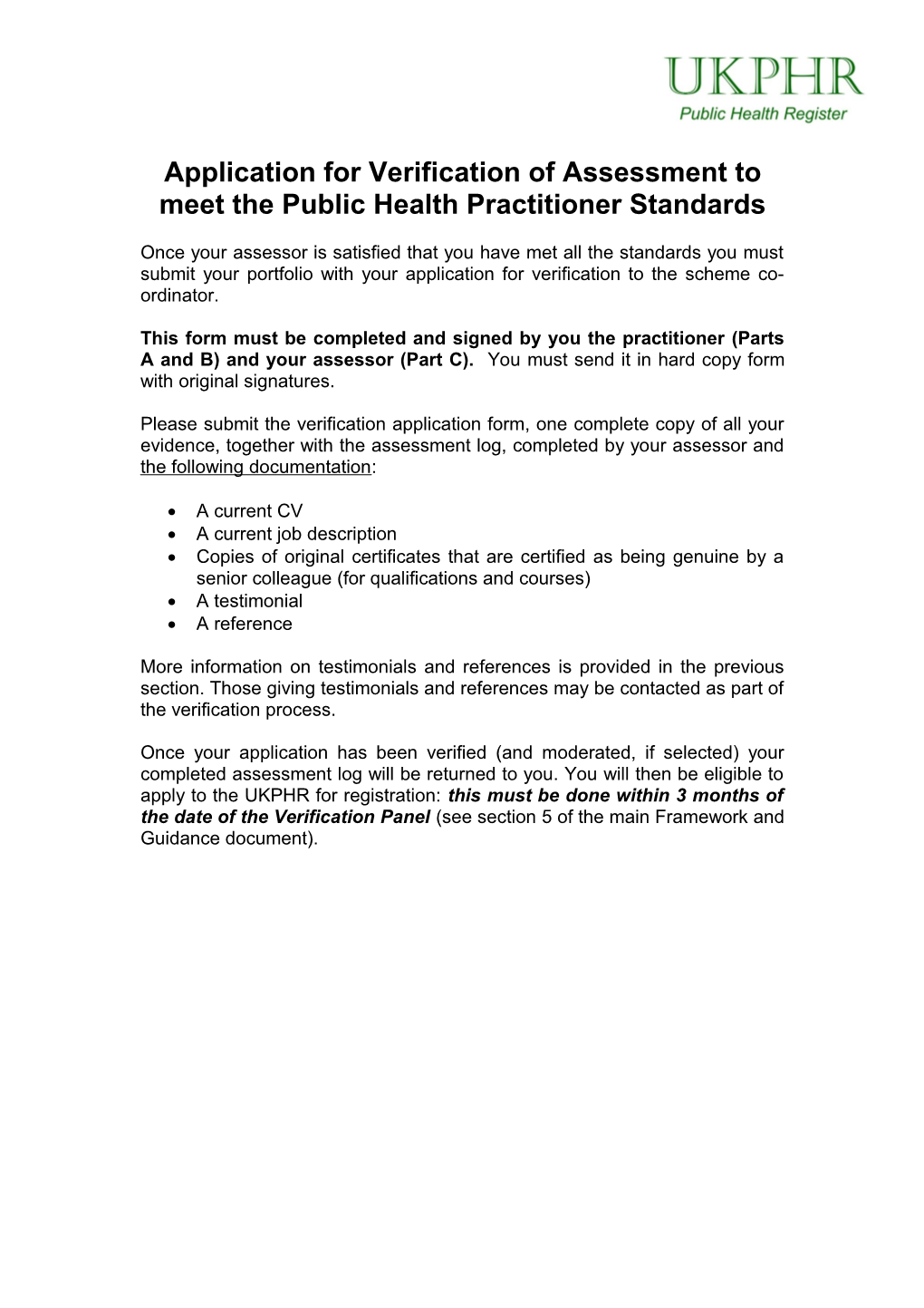 Application for Verification of Assessment to Meet the Public Health Practitioner Standards