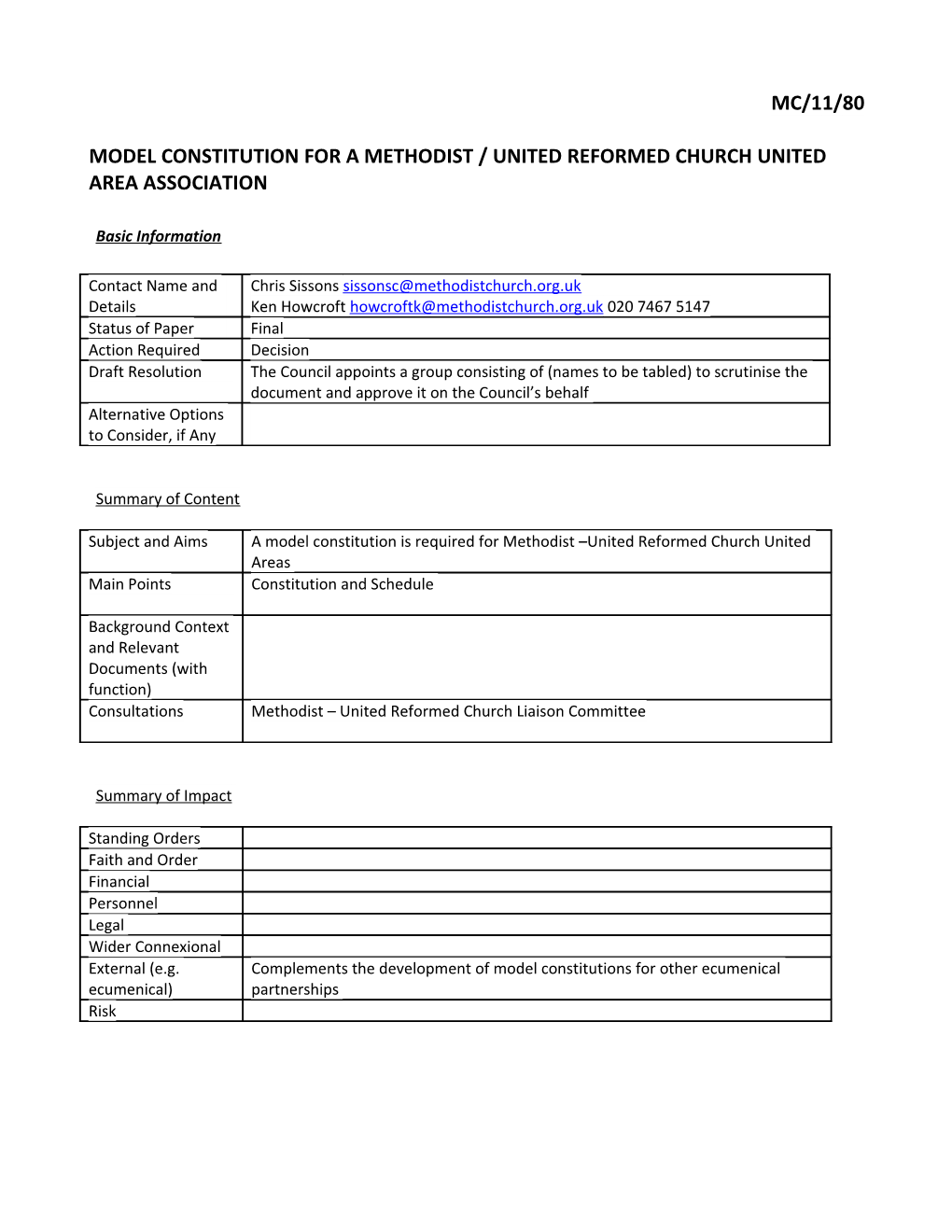 Draft Model Constitution for United Areas