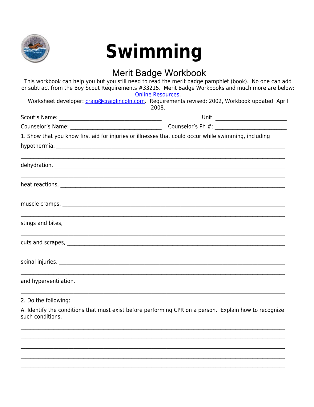 Swimming P. 2 Merit Badge Workbook Scout's Name: ______