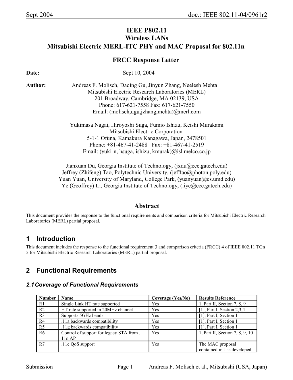 Mitsubishi Electric MERL-ITC PHY and MAC Proposal for 802.11N