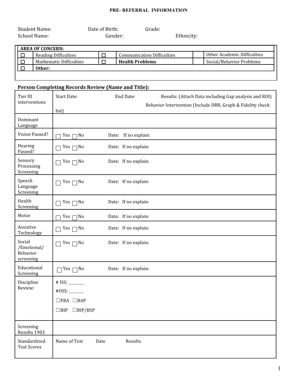 Special Education Pre-Referral Checklist