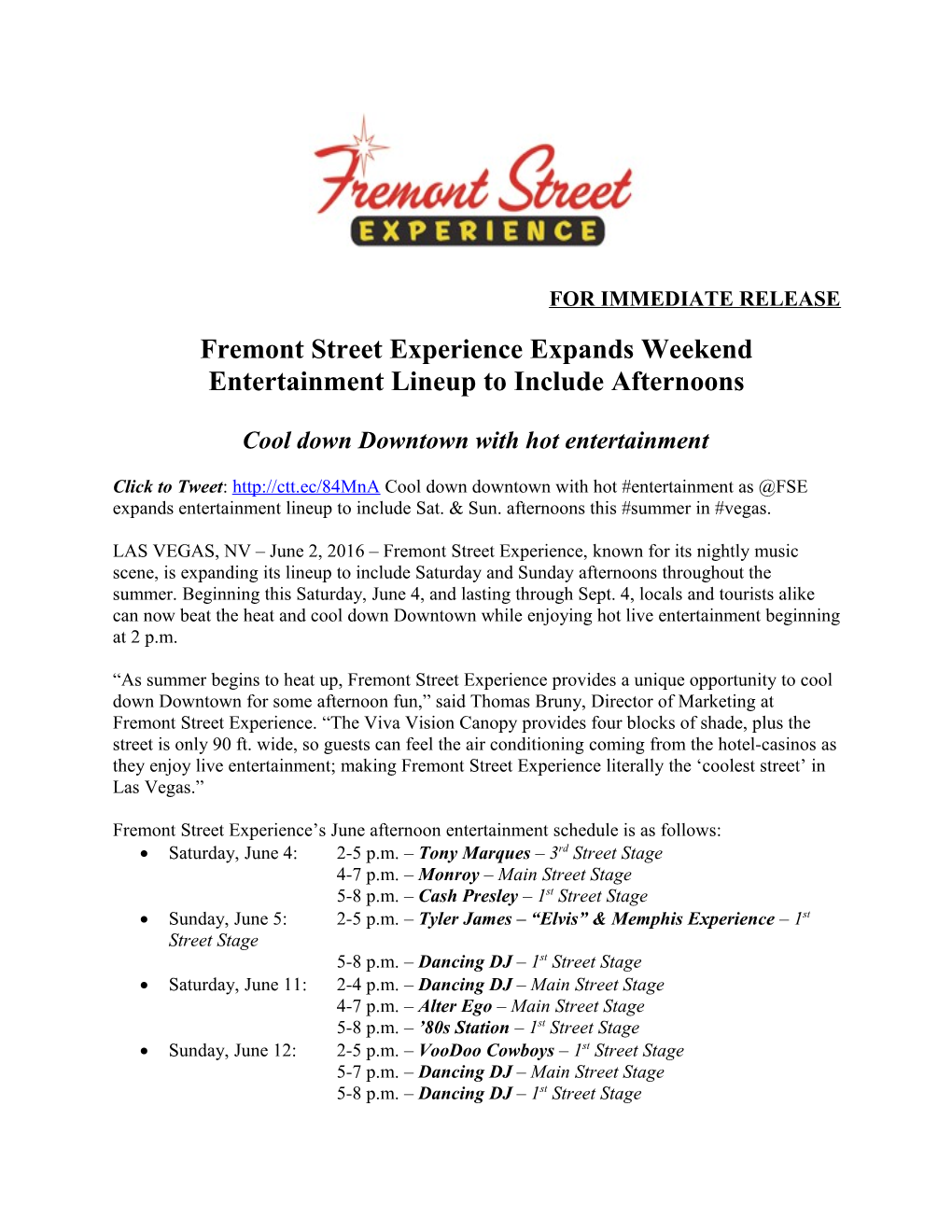 Fremont Street Experience Expands Weekend Entertainment Lineup to Include Afternoons