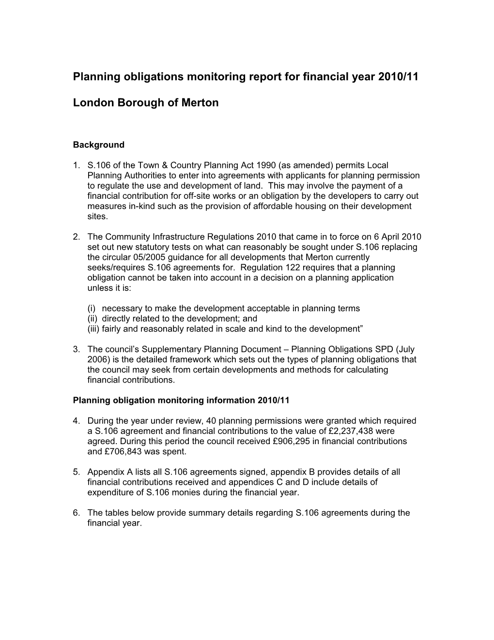 Planning Obligations Monitoring Report for Financial Year 2010/11