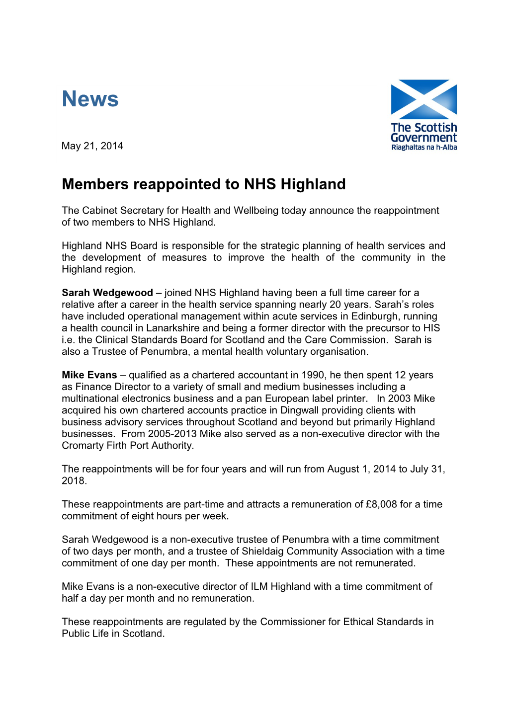 Members Reappointed to NHS Highland