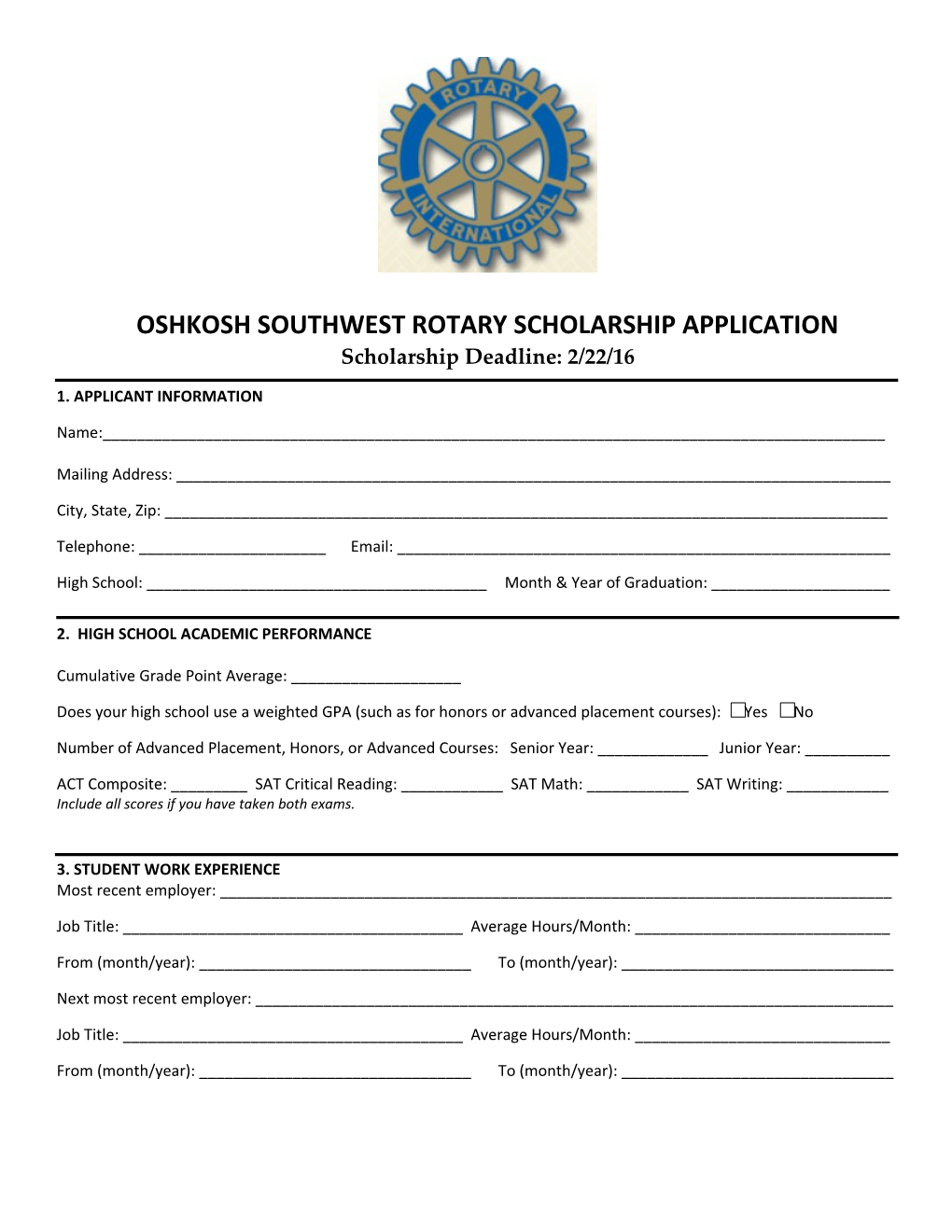 Oshkosh Southwest Rotary Scholarship Application