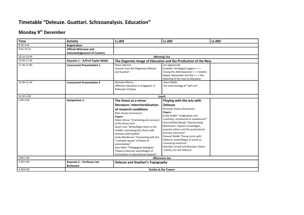 Timetable Deleuze. Guattari. Schizoanalysis. Education