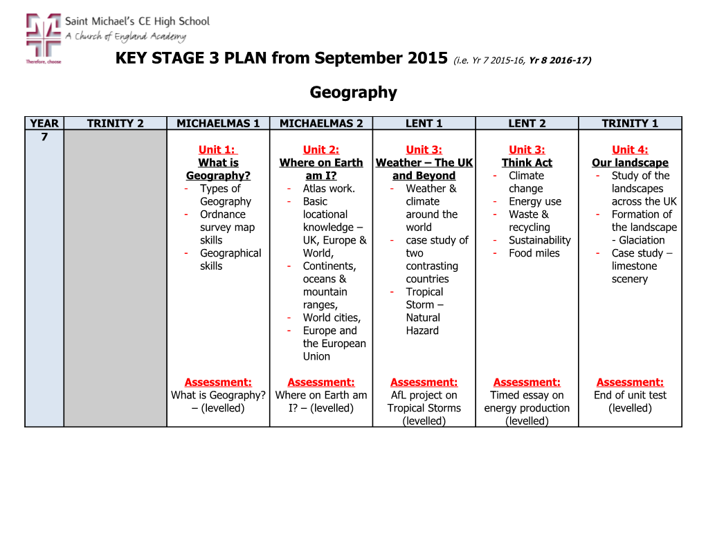 KEY STAGE 3 PLAN from September 2015 (I.E. Yr 7 2015-16, Yr 8 2016-17)