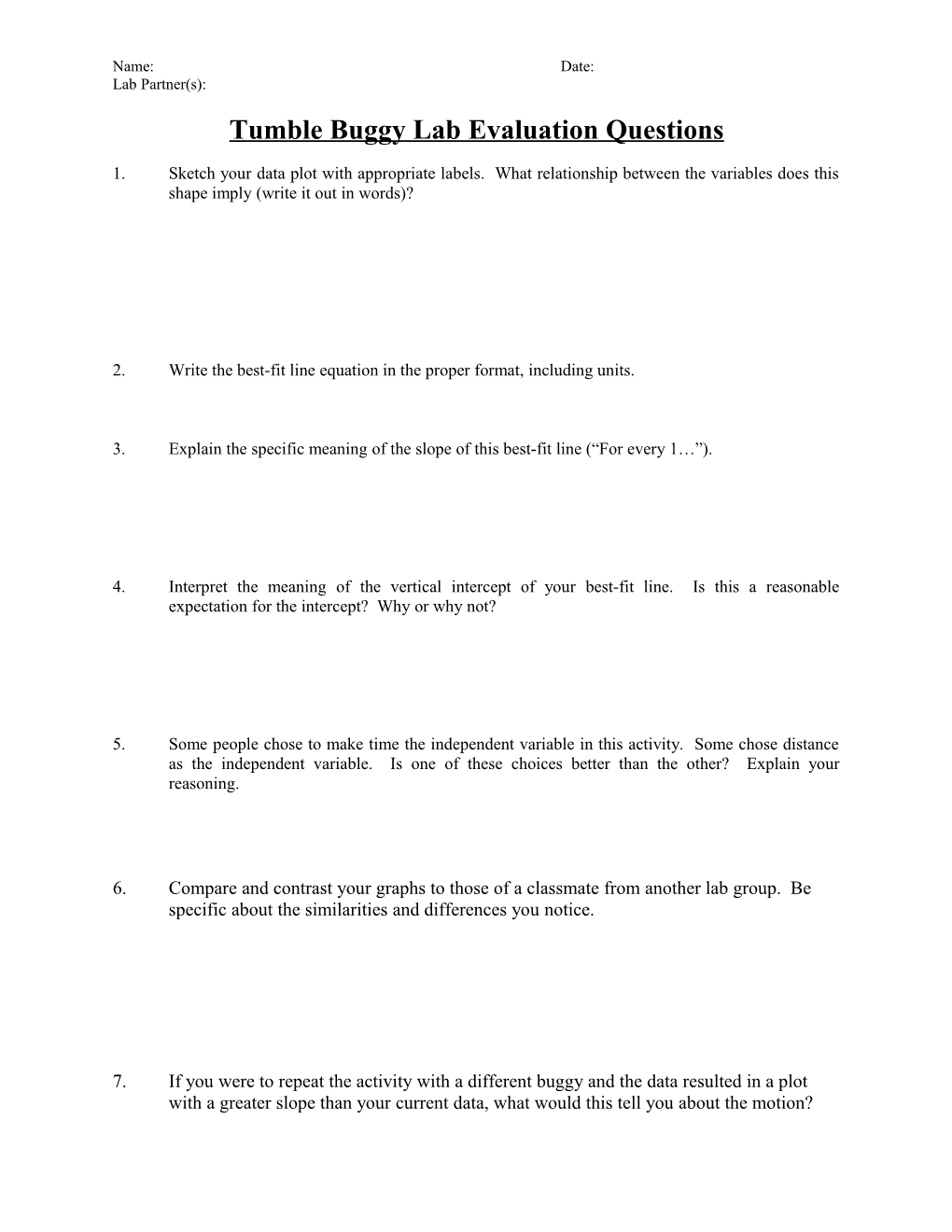 Tumble Buggy Lab Evaluation Questions