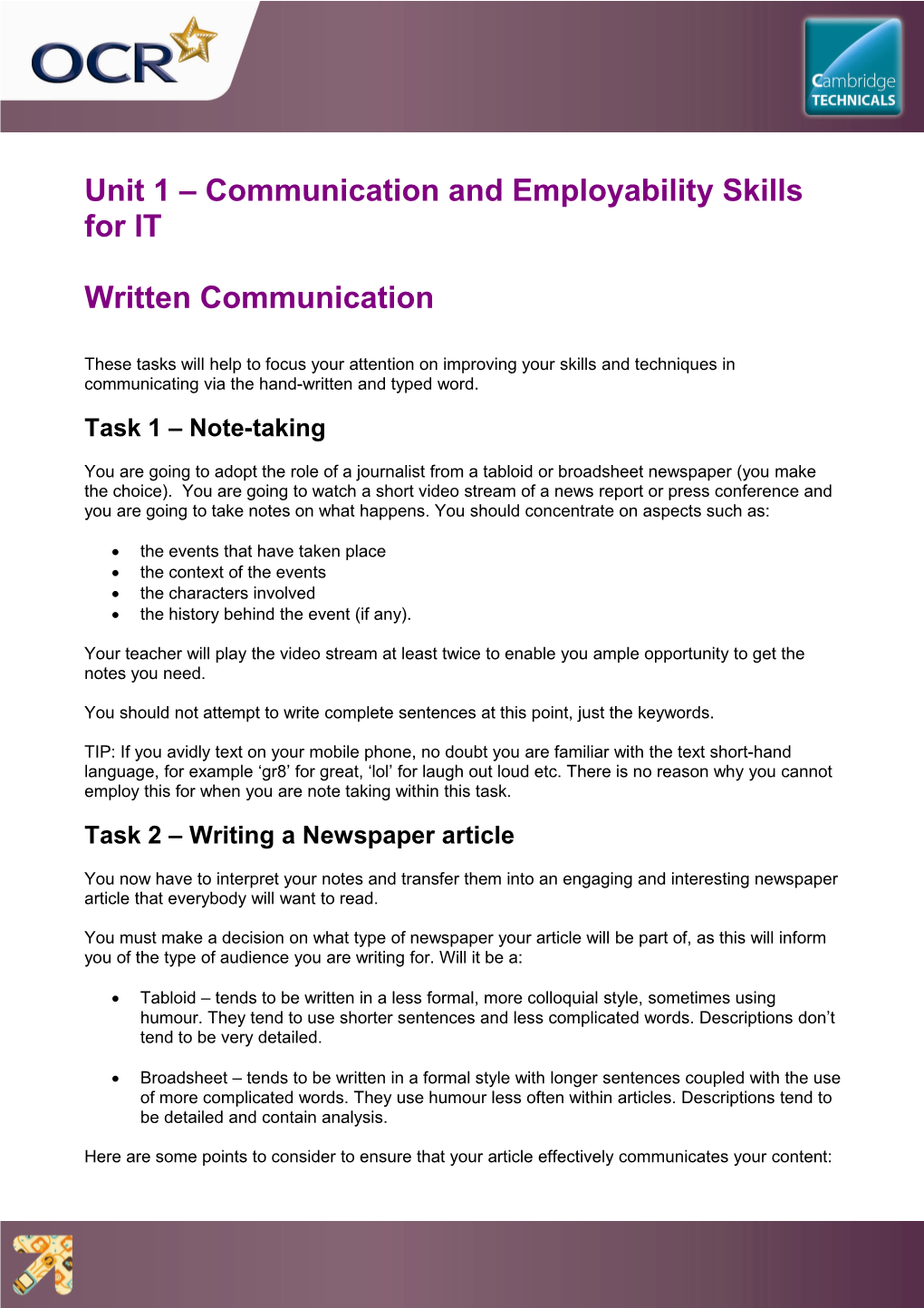 Unit 1 Communication and Employability Skills for IT