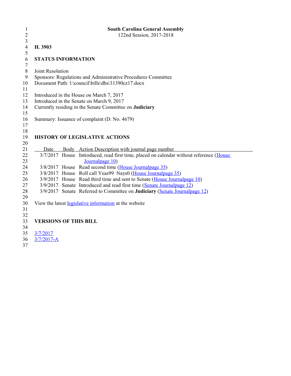 2017-2018 Bill 3903: Issuance of Complaint (D. No. 4679) - South Carolina Legislature Online