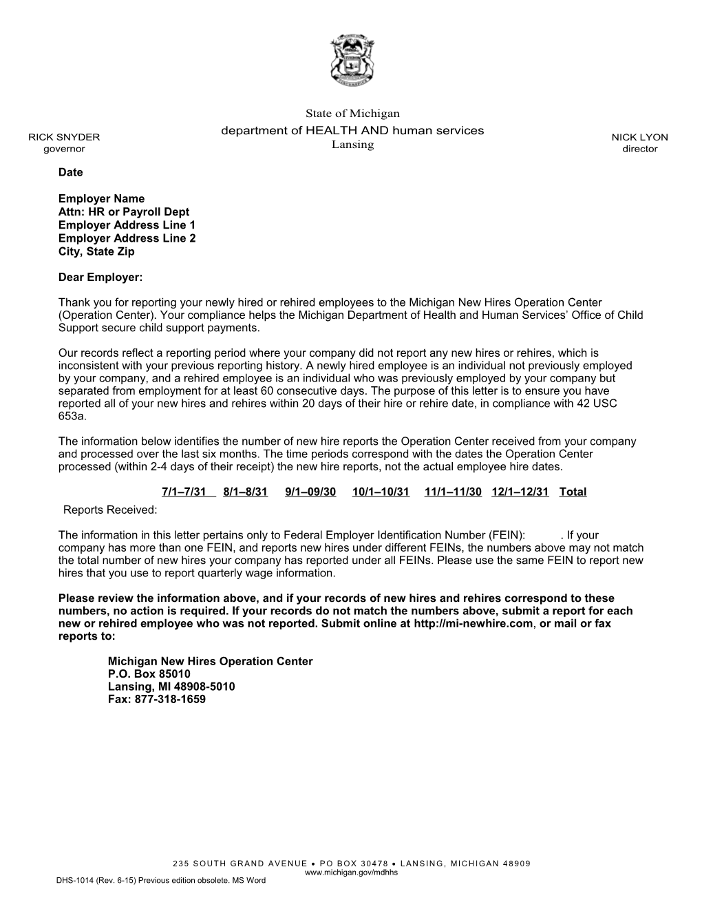 DHS-1014, New Hire Reporting Proactive Compliance Letter