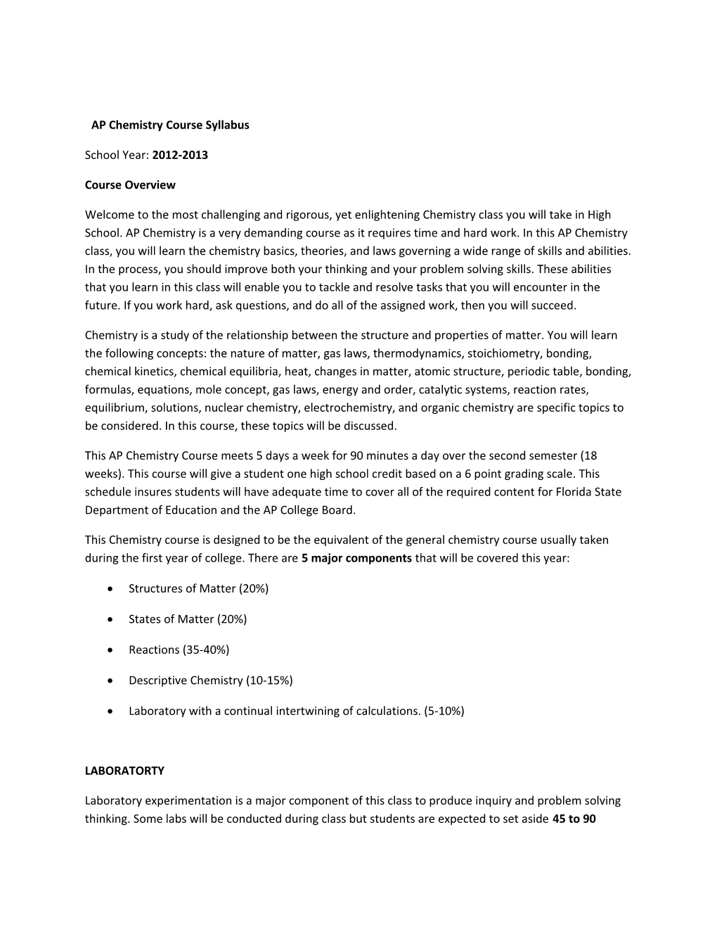 AP Chemistry Course Syllabus