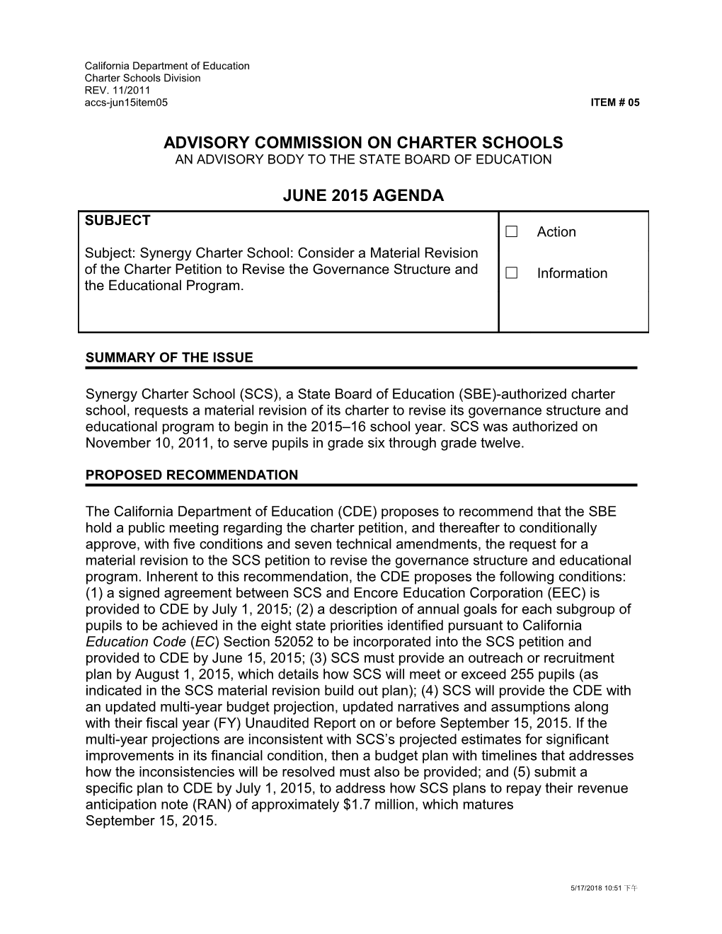 June 2015 ACCS Agenda Item 05 - Advisory Commission on Charter Schools (CA State Board