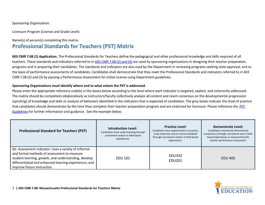 Professional Standards for Teachers (PST) Matrix