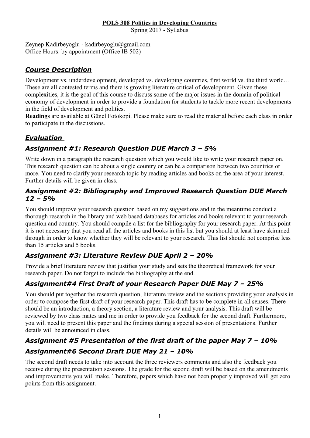 POLS 308 Politics in Developing Countries