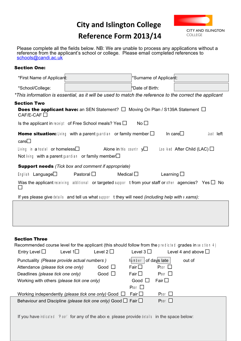 City and Islington College Reference Form 2013/14