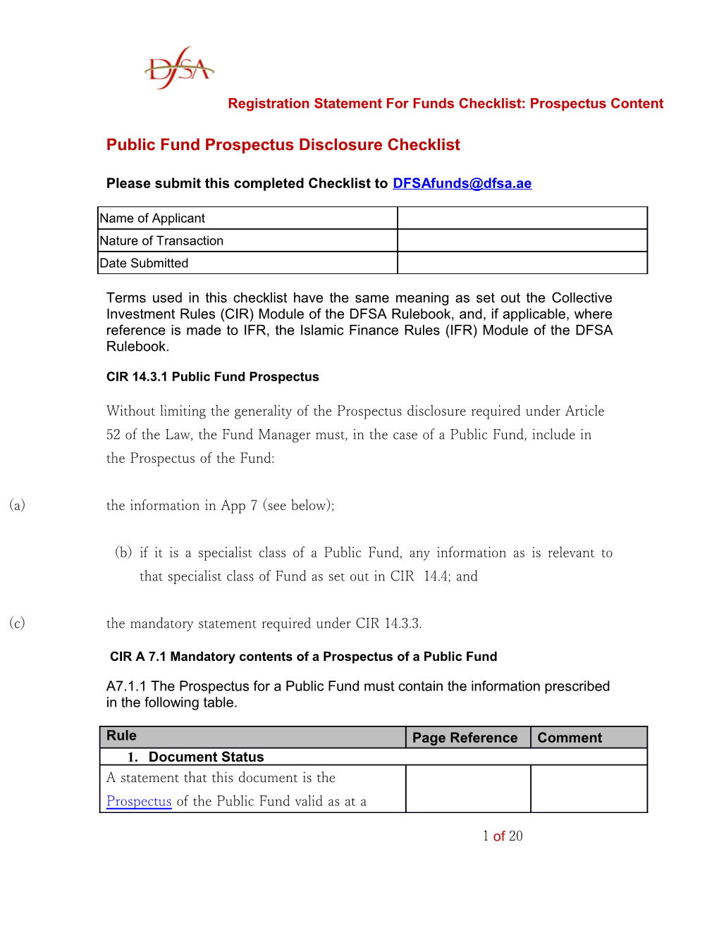 Public Fund Prospectus Disclosure Checklist