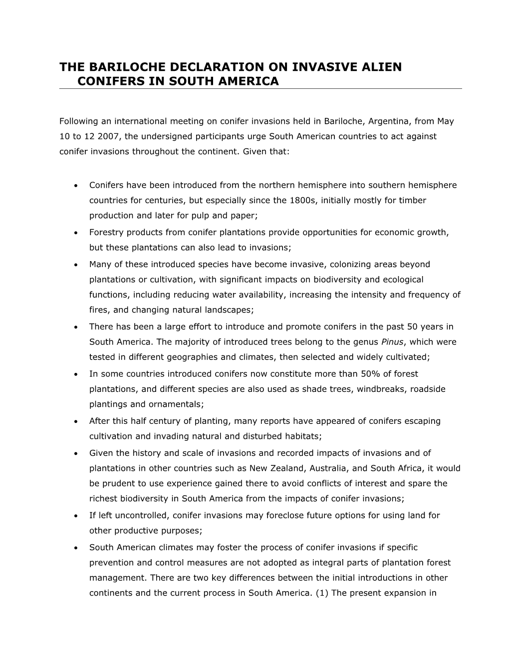 THE BARILOCHE DECLARATION on Invasive Alien Conifers in South America