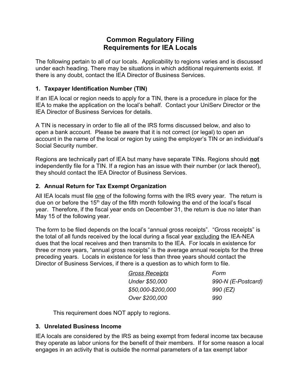 Common Regulatory Filing Requirements for IEA Locals