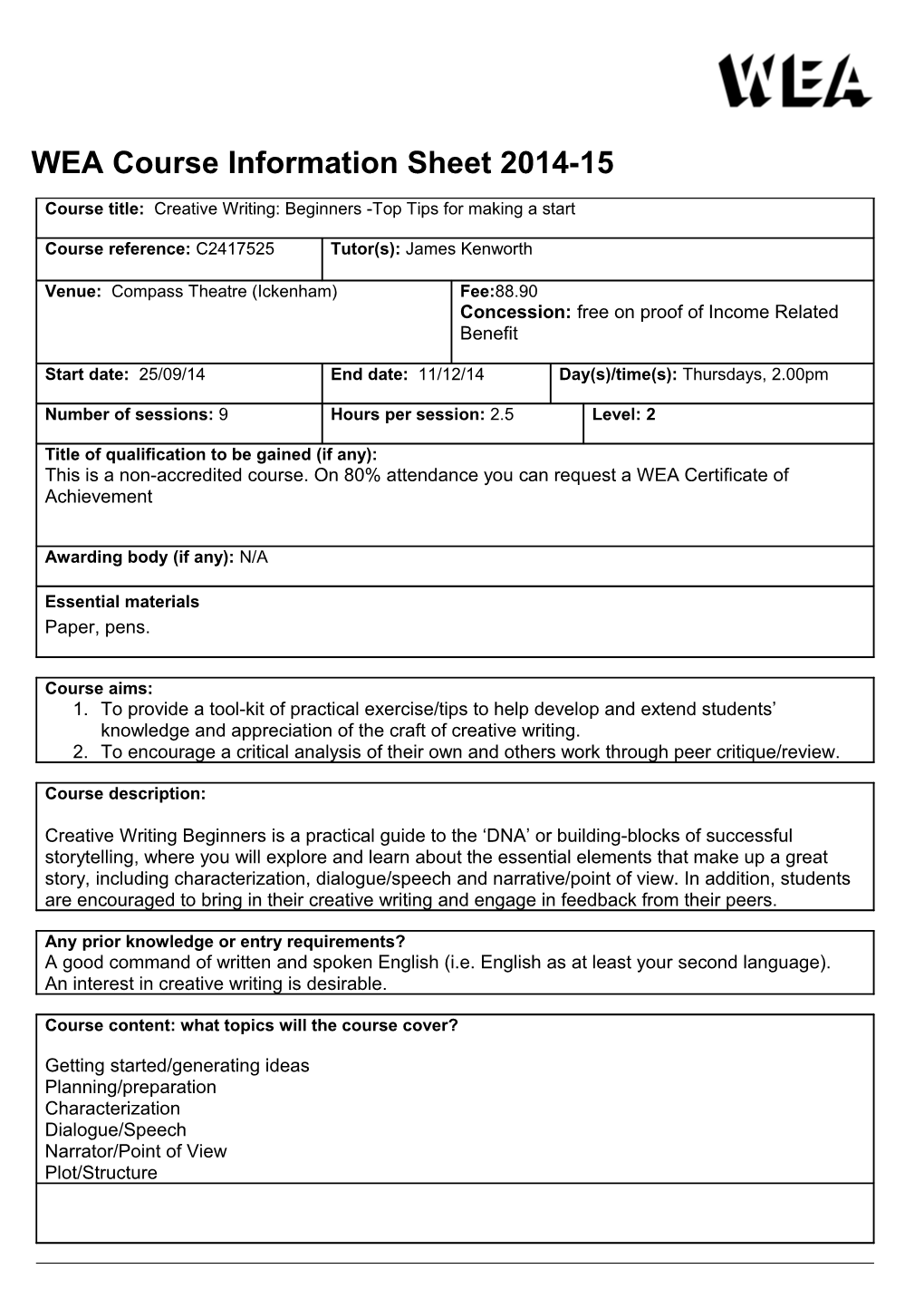 WEA Course Information Sheet2014-15