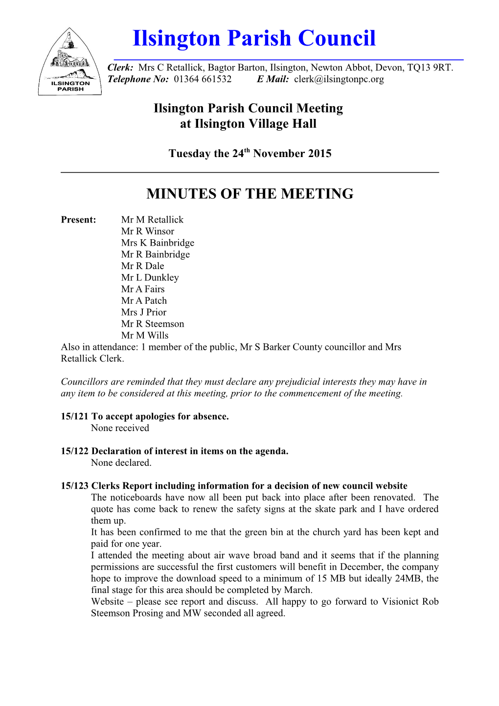 Ilsington Parish Council Meeting