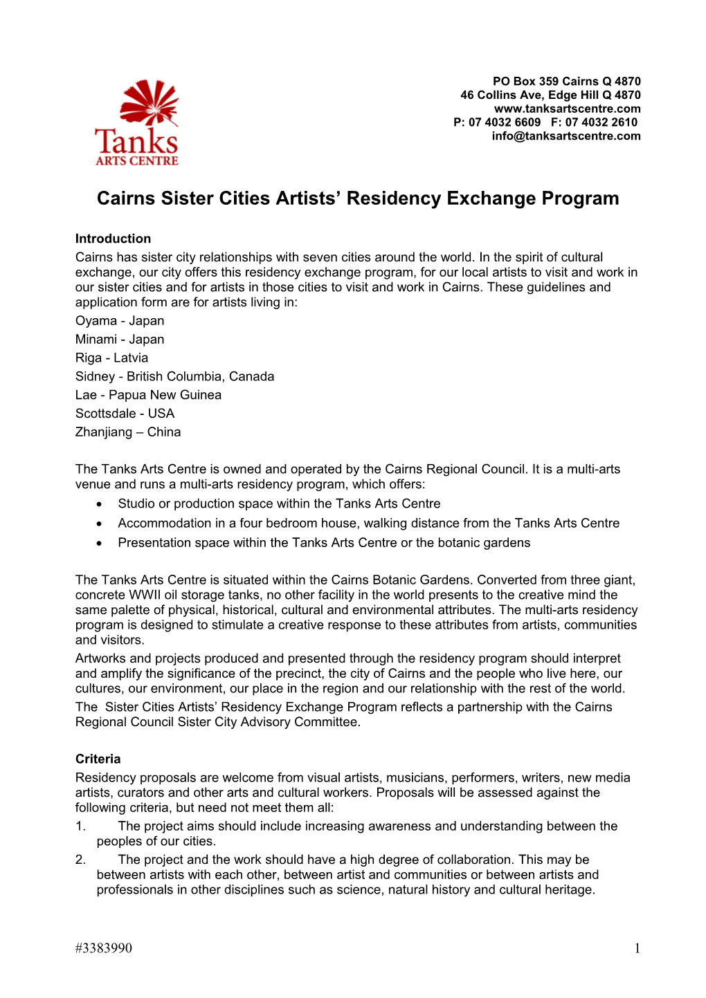 Cairns Sister Cities Artists Residency Exchange Program