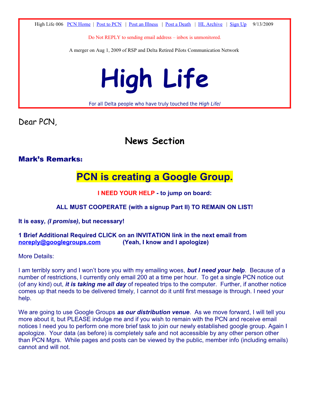 High Life 001A PCN Home Page Ret Pilot Page PCN Archive PCN Signup Contact PCN 6/24/2009 s1