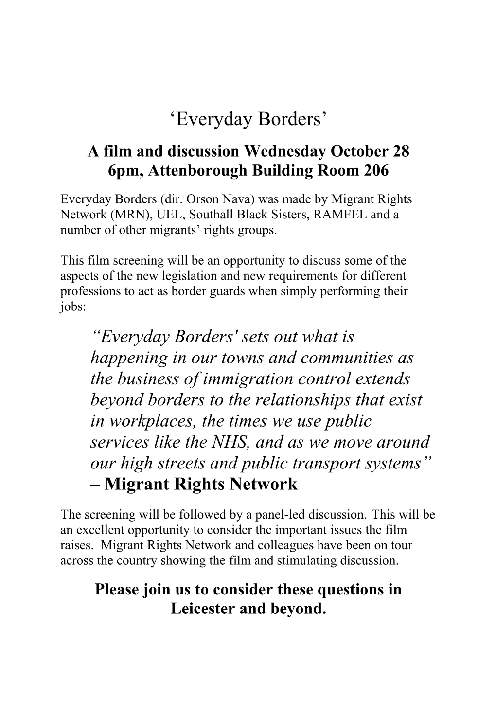 A Film and Discussion Wednesday October 28