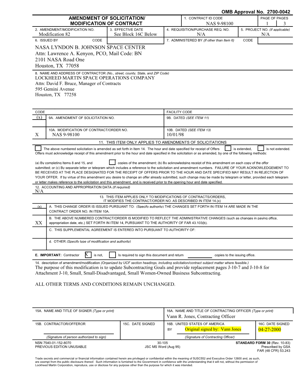 OMB Approval No. 2700-0042