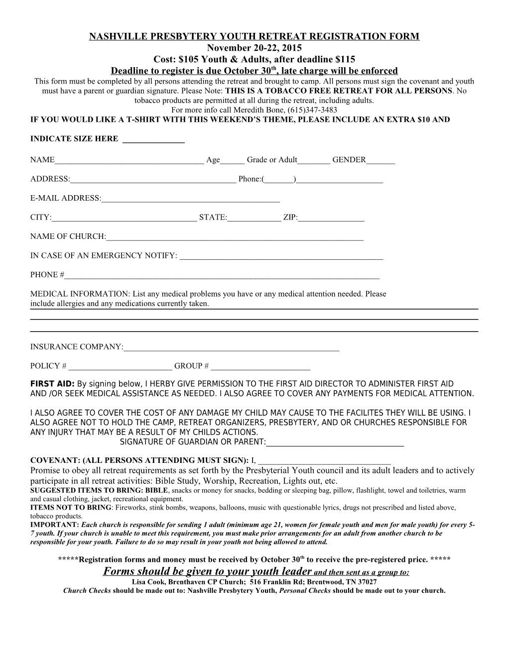 Nashville Presbytery Youth Retreat Registration Form