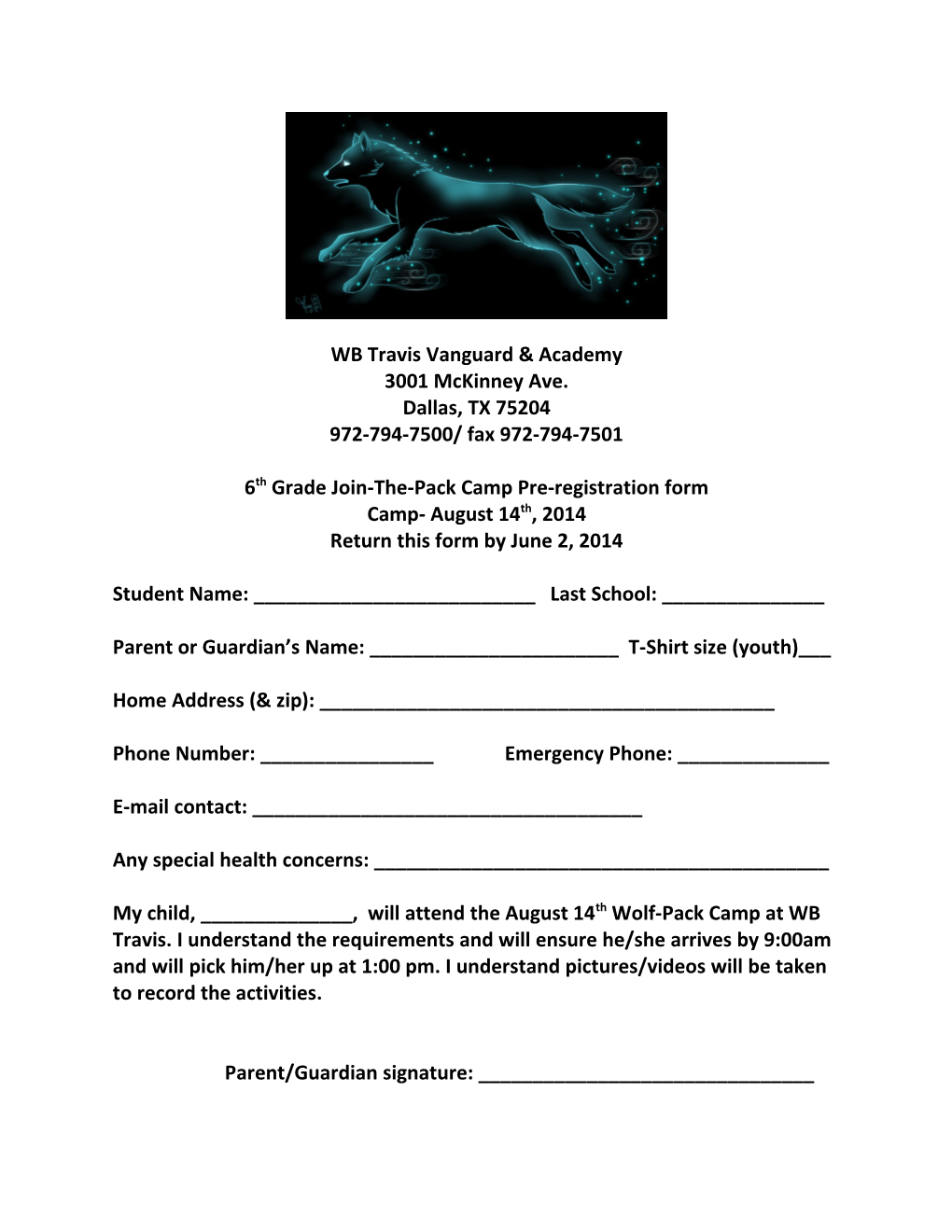6Th Grade Join-The-Pack Camp Pre-Registration Form