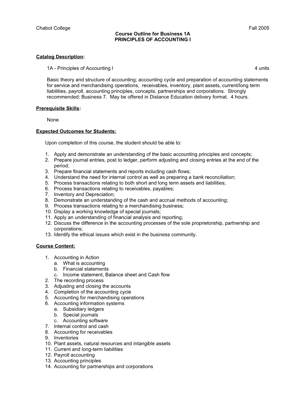 Course Outline for Business 1A,Page 1