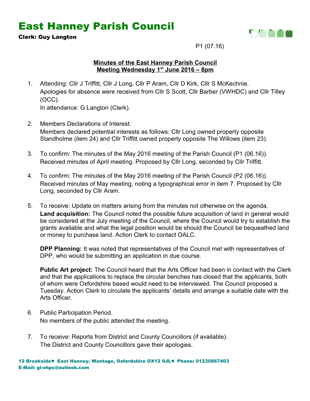 Minutes of the East Hanney Parish Council