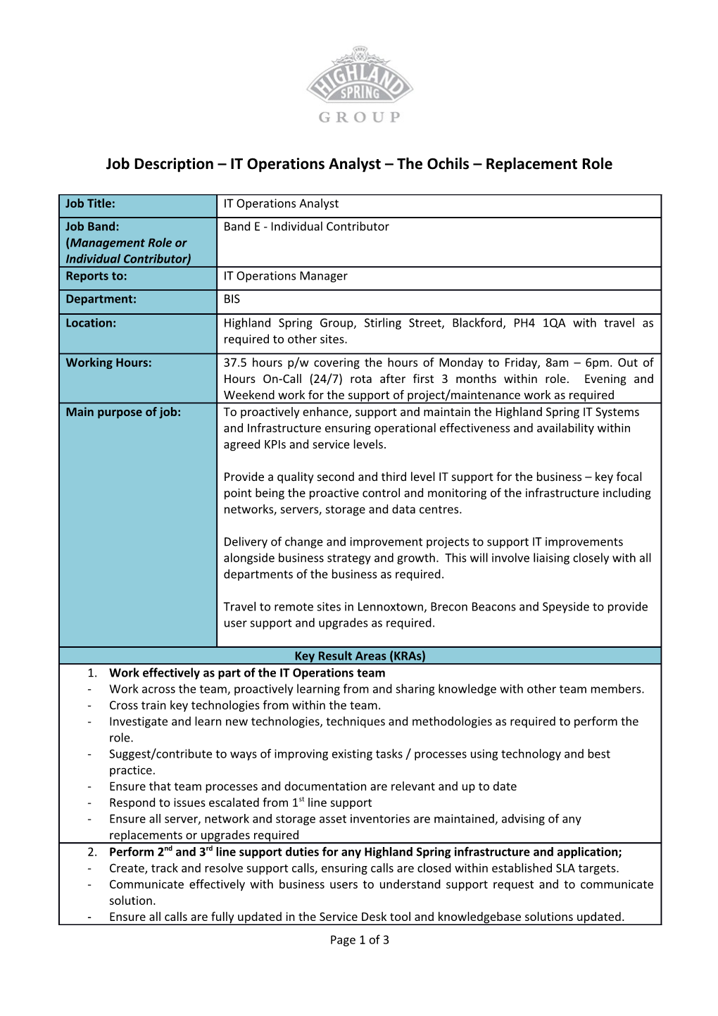 Job Description IT Operations Analyst the Ochils Replacement Role