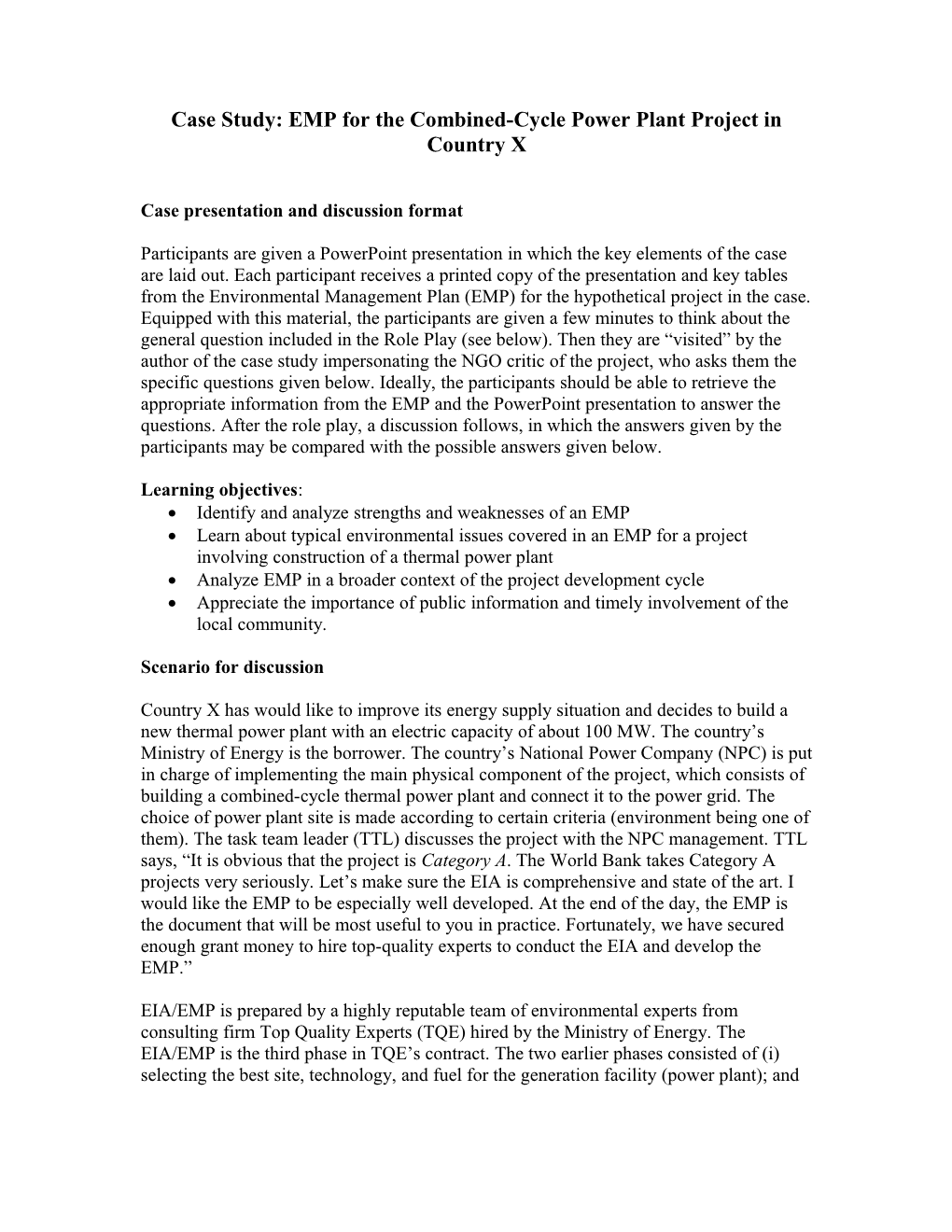 Case Study: EMP for the Combined-Cycle Power Plant Project in Country X