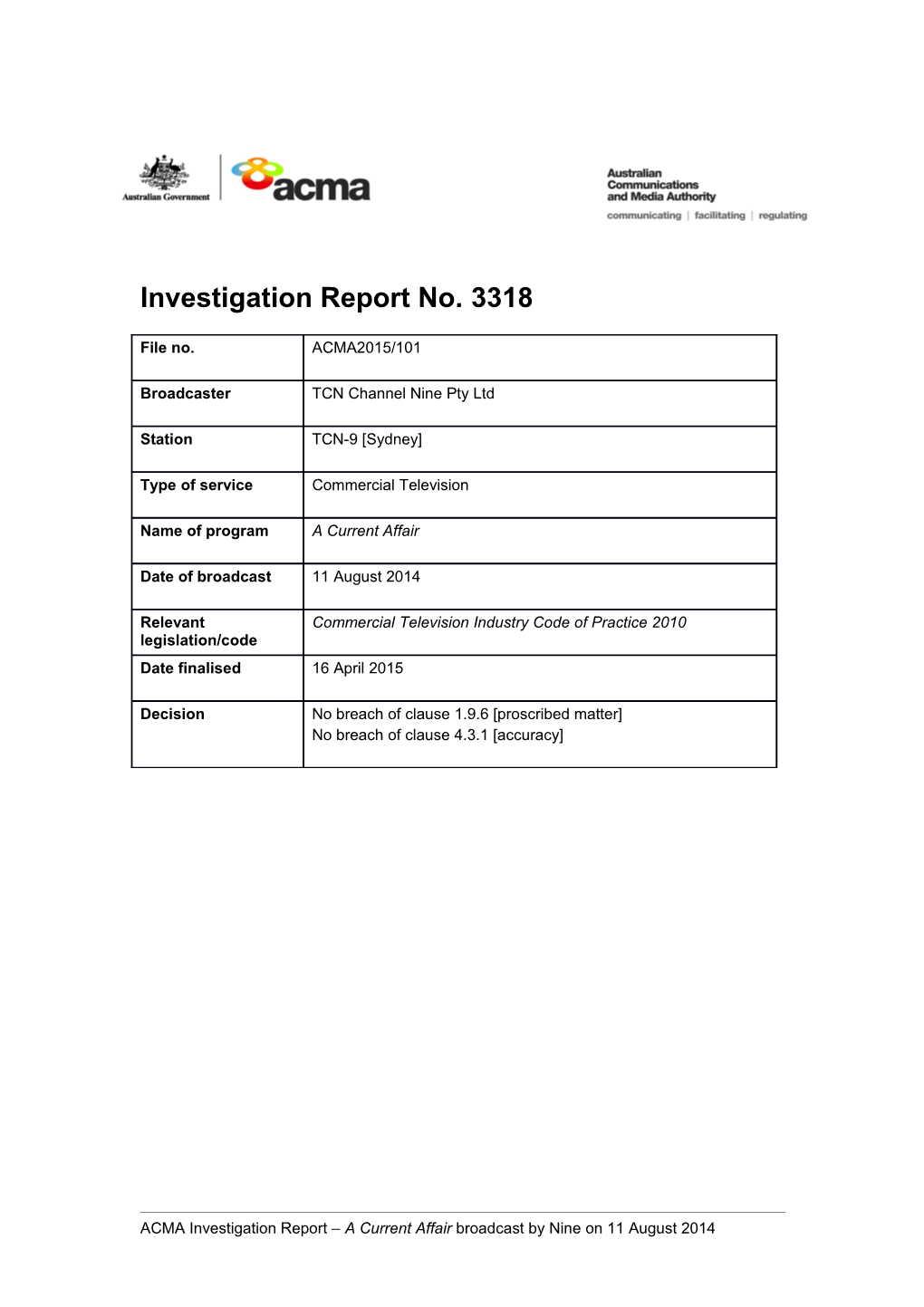 Investigation Report No. 3318