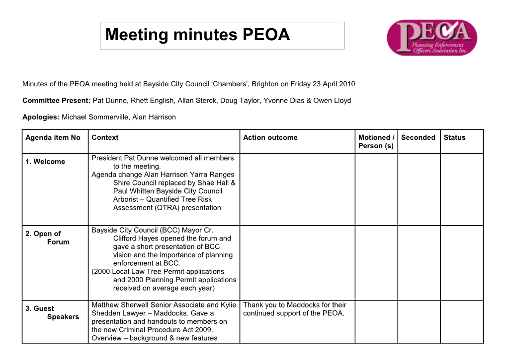 Minutes of the PEOA Meeting Held at Bayside City Council Chambers , Brighton on Friday