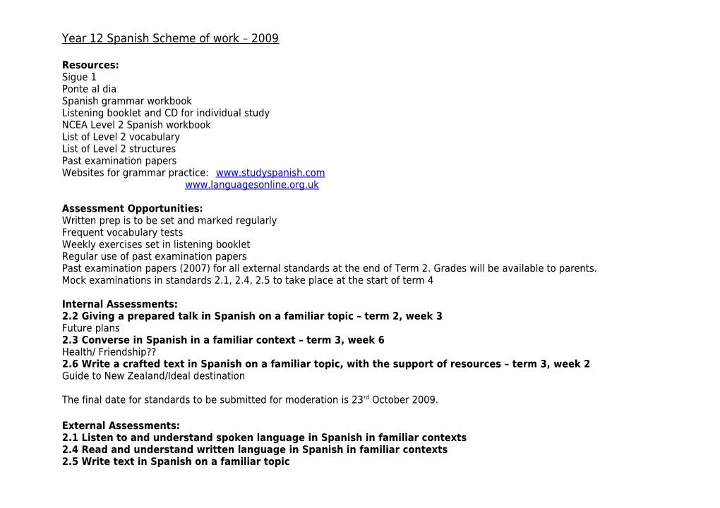Year 9 Spanish Scheme of Work 2008