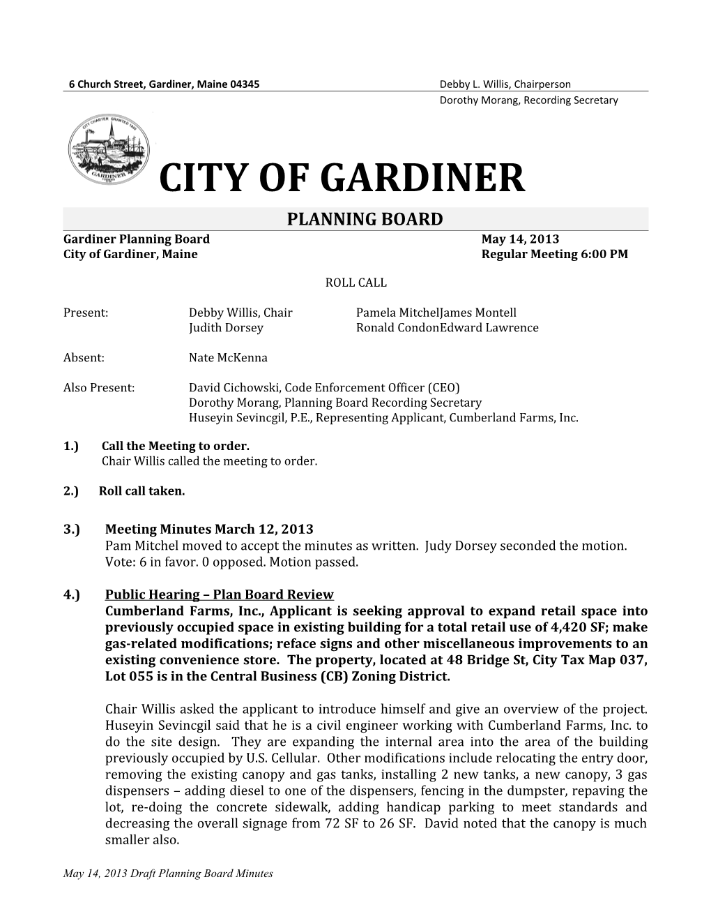 Gardiner Planning Board April 14, 1998