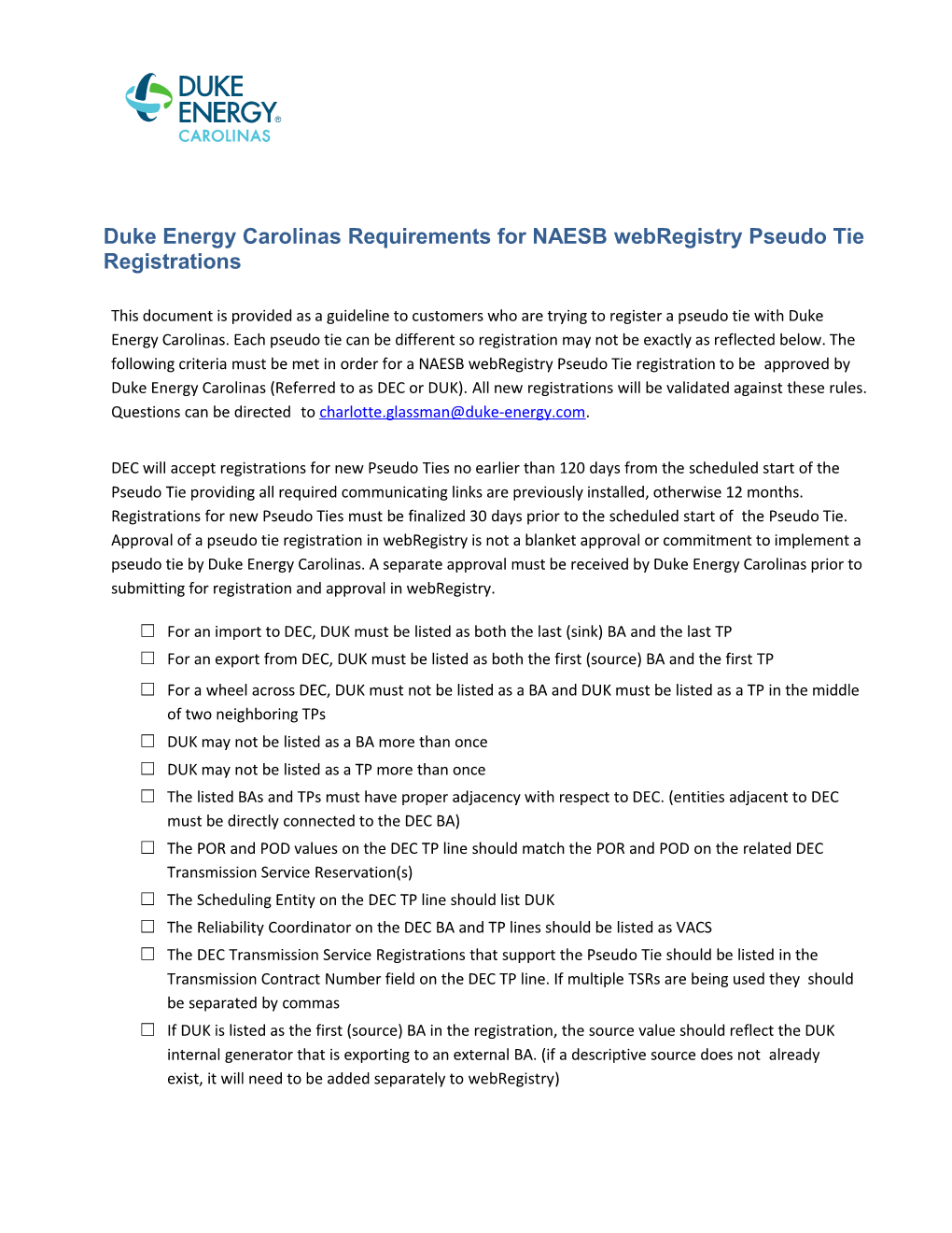 Duke Energy Carolinas Requirements for NAESB Webregistry Pseudo Tie Registrations