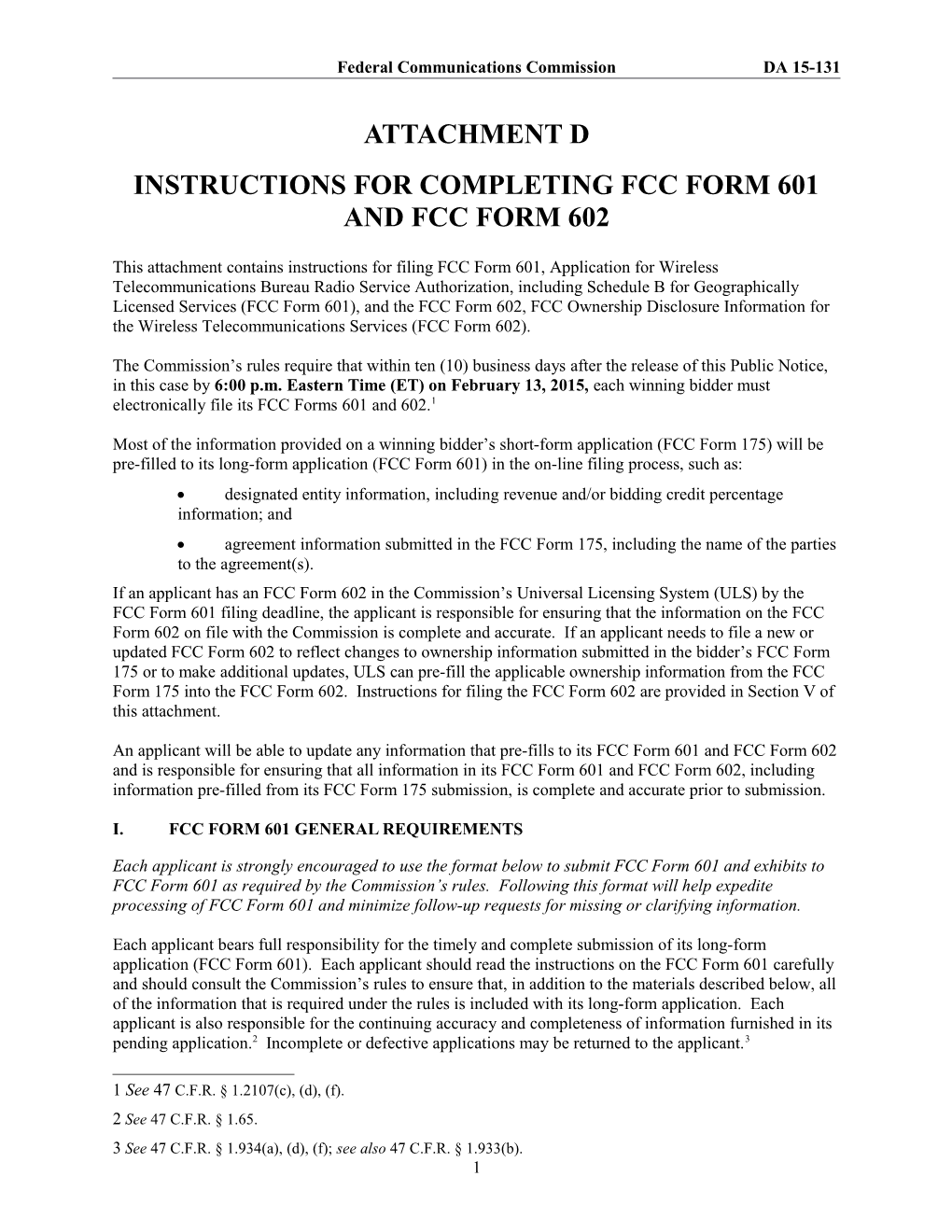 Instructions for Completing Fcc Form 601 and Fcc Form 602