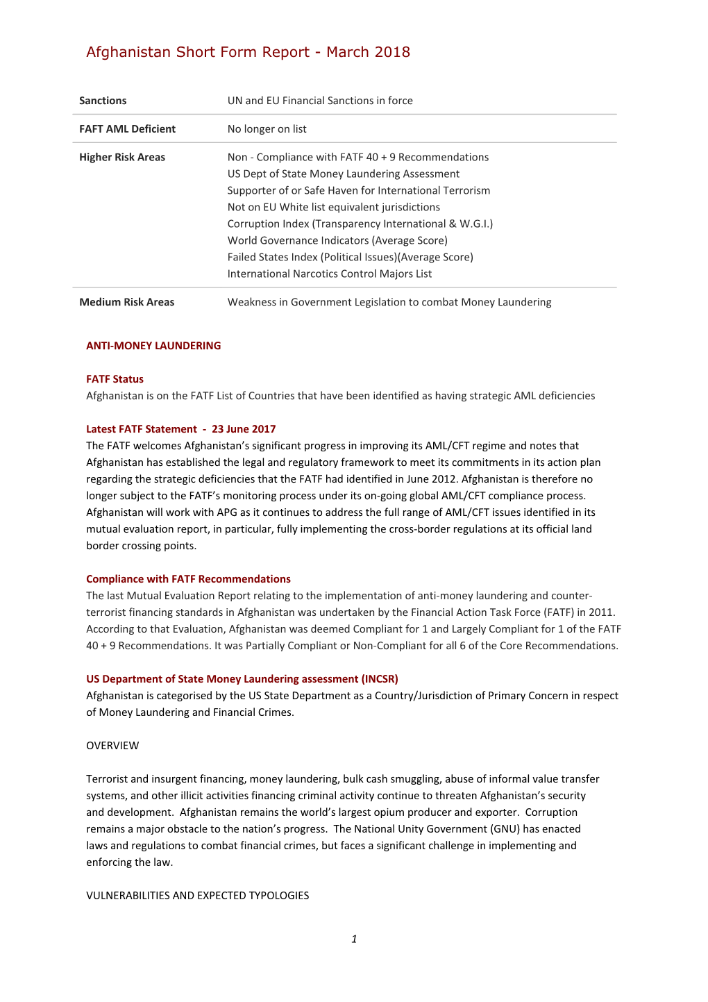 Afghanistan Short Form Report - March 2018