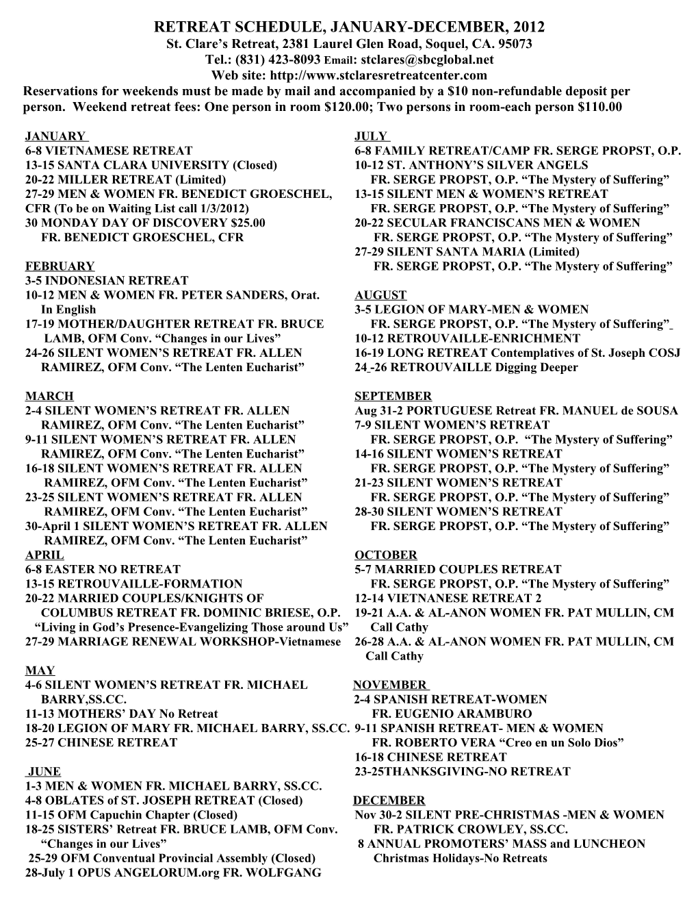 Retreat Schedule, January-December, 2012